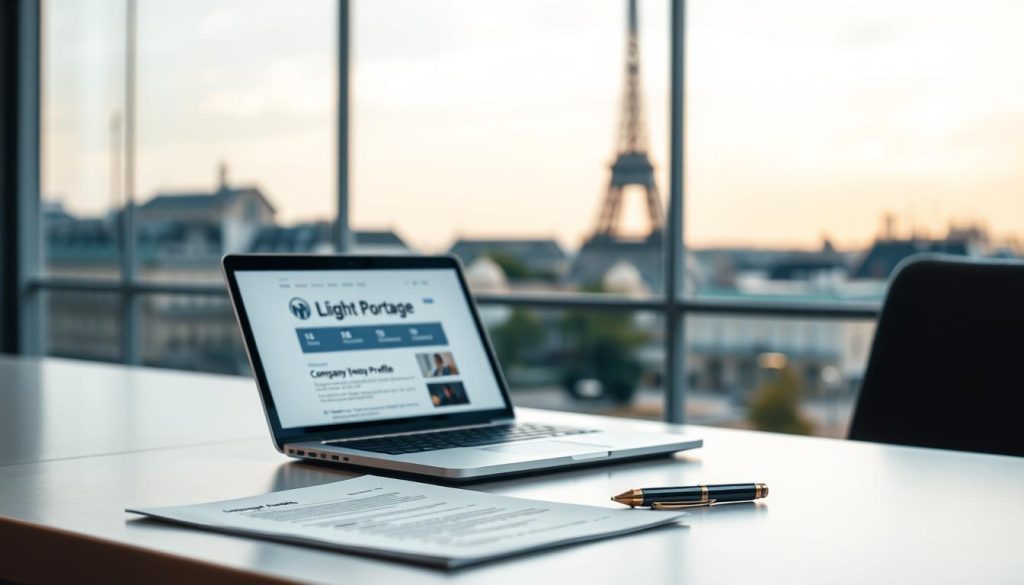 A well-lit office setting, with a sleek, minimalist desk featuring the "Light Portage" company profile on a laptop screen. A stack of printed documents and a pen rest on the desk, suggesting an evaluative process. The background features a blurred cityscape of Paris, with the Eiffel Tower visible in the distance, evoking the French setting. Soft, warm lighting illuminates the scene, creating a professional and focused atmosphere. The overall composition conveys a sense of diligent analysis and informed decision-making regarding remote work opportunities.