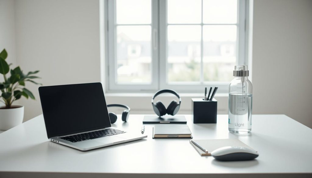 A well-lit office setting with an array of essential workday tools neatly arranged on a modern, minimalist desk. In the foreground, a LIGHT PORTAGE laptop, mouse, and notebook sit alongside a potted plant and a sleek pen holder. The middle ground features a pair of noise-cancelling headphones, a compact desk organizer, and a striking glass water bottle. In the background, a large window allows natural light to flood the space, creating a serene and productive atmosphere. The overall composition conveys a sense of organization, focus, and balance - the perfect embodiment of a solo entrepreneur's workday essentials.