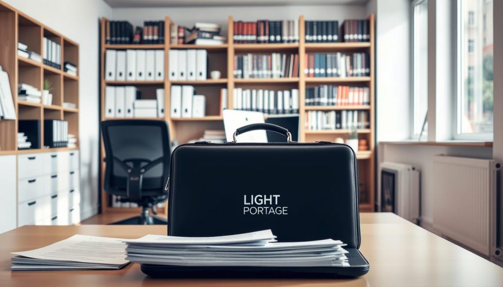 A well-lit office space with a clean, modern aesthetic. In the foreground, a laptop and a stack of documents, representing the administrative tasks of a freelance IT professional. On the desk, the branded "LIGHT PORTAGE" briefcase, hinting at the portability and flexibility of the freelance lifestyle. The middle ground features a chair and ergonomic desk setup, emphasizing the importance of a comfortable workspace. In the background, a bookshelf filled with technical manuals and reference materials, reflecting the specialized knowledge required in the IT field. The overall atmosphere conveys a sense of professionalism, organization, and attention to detail, fitting the subject of "Législation freelance informatique : les démarches administratives".