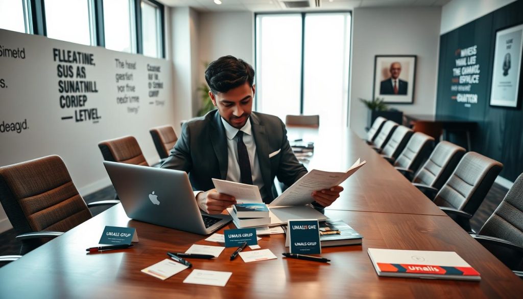 A well-lit office space with a large conference table, surrounded by comfortable chairs. On the table, various networking materials - business cards, branded pens, a laptop, and a cup of coffee. In the foreground, a smartly dressed person reviewing their notes, preparing for an upcoming Umalis Group networking event. The walls are adorned with motivational quotes and artwork, creating a professional yet inviting atmosphere. Natural light streams in through large windows, casting a warm glow over the scene. The overall mood is one of focused anticipation, as the individual readies themselves to make valuable connections and advance their freelance career.