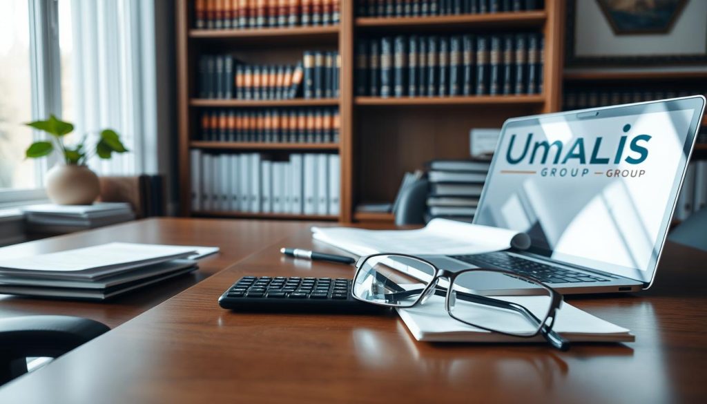 A well-lit office space, with a wooden desk and a laptop computer. On the desk, various documents, a calculator, and a pen. In the background, a bookshelf filled with legal and accounting references. A pair of eyeglasses rests on the desk, suggesting the careful consideration of professional fees and deductions. The Umalis Group logo is prominently displayed on the wall, indicating the expertise and guidance provided by this business advisory firm.