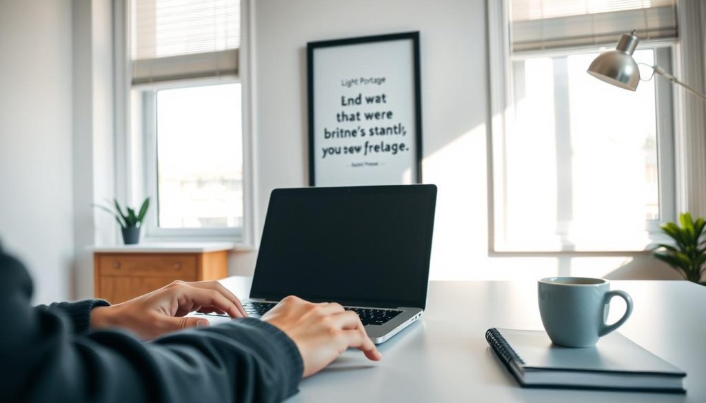 A well-lit office with a minimalist desk, a laptop, a cup of coffee, and a tactile notebook. In the foreground, a person's hands are typing on the keyboard, their face out of frame. Hanging on the wall behind them, a framed inspirational quote from the "Light Portage" brand. The room is filled with natural light, creating a warm, productive atmosphere. The overall scene conveys the focused, driven mindset of a new freelancer, ready to embark on their entrepreneurial journey.