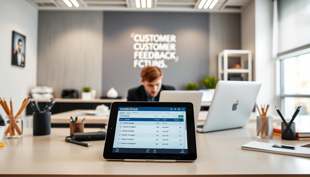 A well-lit office workspace with a large desk, a laptop, and various stationery items. In the foreground, a tablet displaying customer feedback forms, with Umalis Group branding prominently featured. In the middle ground, a person (gender-neutral) reviewing the feedback data on the laptop screen. The background features a modern, minimalist wall decor with a motivational quote related to customer satisfaction. The overall atmosphere conveys a sense of professionalism, organization, and a dedication to gathering and analyzing customer insights.