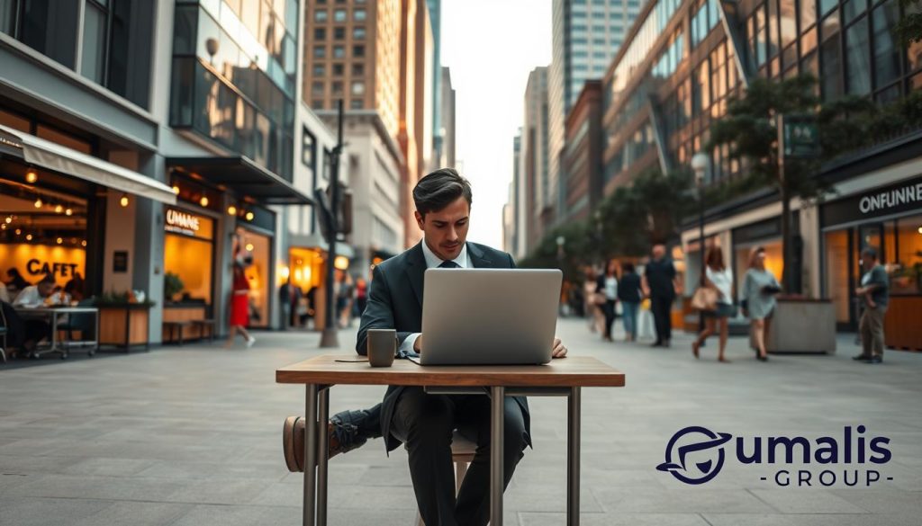 A well-lit, outdoor scene showcasing the life of a freelance professional. In the foreground, a person dressed in casual yet refined attire sits at a small desk, intently focused on a laptop screen. The middle ground features a backdrop of a cozy, urban setting with cafes, shops, and people walking by, reflecting the vibrant and dynamic nature of freelance work. In the background, modern high-rise buildings and a clear sky suggest a metropolitan environment that facilitates the freelance lifestyle. The overall mood is one of productivity, independence, and a balance between work and the surrounding city life. The Umalis Group logo is discreetly displayed in the corner, highlighting its connection to the freelance industry.