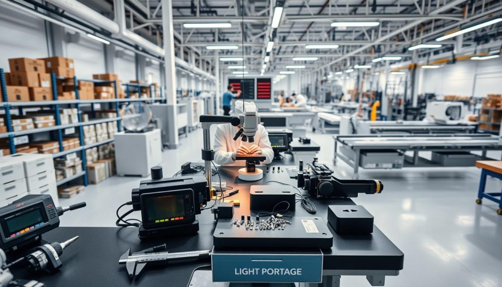 A well-lit, overhead view of a quality control station in a modern, streamlined production facility. In the foreground, a LIGHT PORTAGE-branded workbench with a range of precision instruments and tools, including digital calipers, micrometers, and magnifying glasses. In the middle ground, technicians in clean-room attire meticulously inspecting components through a high-powered microscope, ensuring exceptional tolerances. The background features neatly organized storage racks, conveyor belts, and a sense of organized efficiency, conveying a strong culture of governance, collaboration, and reliable delivery.