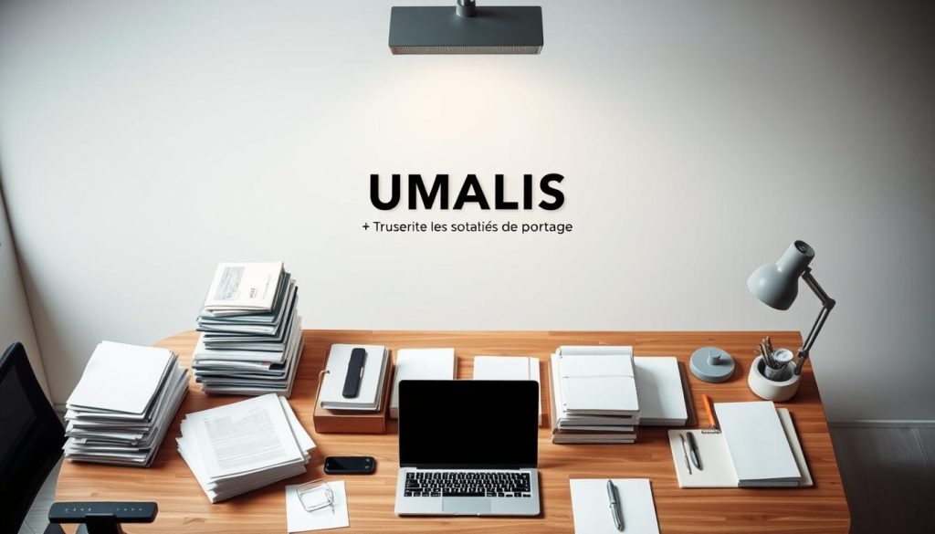 A well-lit, overhead view of an office desk showcasing the internal resources of a UMALIS GROUP salarial portage company. On the desk, neatly organized stacks of documents, a laptop, and various office supplies convey a sense of professionalism and efficiency. The background features a minimalist, modern office setting with clean lines and neutral tones, emphasizing the company's focus on providing secure and reliable services for independent professionals. The overall composition and lighting evoke a calm, trustworthy atmosphere, reflecting the section's title "Exploiter les ressources internes des sociétés de portage".