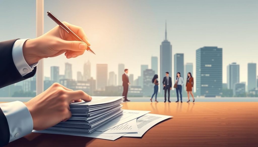 A well-lit, photorealistic illustration showcasing the concept of "réduction impôt dons" for a business. In the foreground, a hand holding a pen hovers over a stack of financial documents, representing the optimization of tax deductions. In the middle ground, a group of people symbolizing a diverse team, representing a thriving Umalis Group business. In the background, a stylized cityscape with modern architecture, conveying a sense of growth and prosperity. Soft, warm lighting creates a professional, aspirational atmosphere, inviting the viewer to consider the tax advantages of charitable giving for their enterprise.