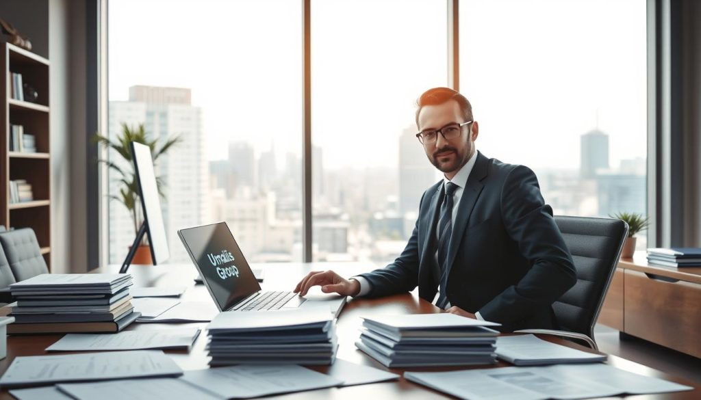 A well-lit, photorealistic image of a modern office setting with sleek, minimalist decor. In the foreground, a businessman in a sharp suit sits at a desk, gesturing towards a laptop screen displaying the "Umalis Group" logo. The middle ground features an array of organized paperwork and documents, conveying the efficiency and streamlined processes of administrative tasks. The background showcases large windows overlooking a vibrant cityscape, bathing the scene in a warm, natural light. The overall atmosphere exudes a sense of professionalism, productivity, and the concrete advantages of administrative simplification.