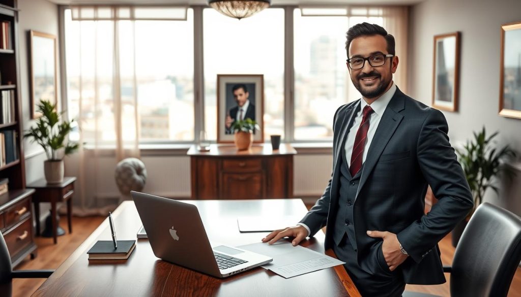 A well-lit portrait of a successful French business professional dressed in a tailored suit, confidently posing in an elegant office setting. The foreground features the person standing at a large wooden desk, with a laptop, documents, and a pen in hand, conveying a sense of productivity and accomplishment. The middle ground showcases tasteful decor such as bookshelves, framed artwork, and a potted plant, establishing an atmosphere of professionalism and success. The background depicts a large window overlooking a bustling cityscape, hinting at the broader context of the "portage salarial" platform that enables this individual's thriving career.