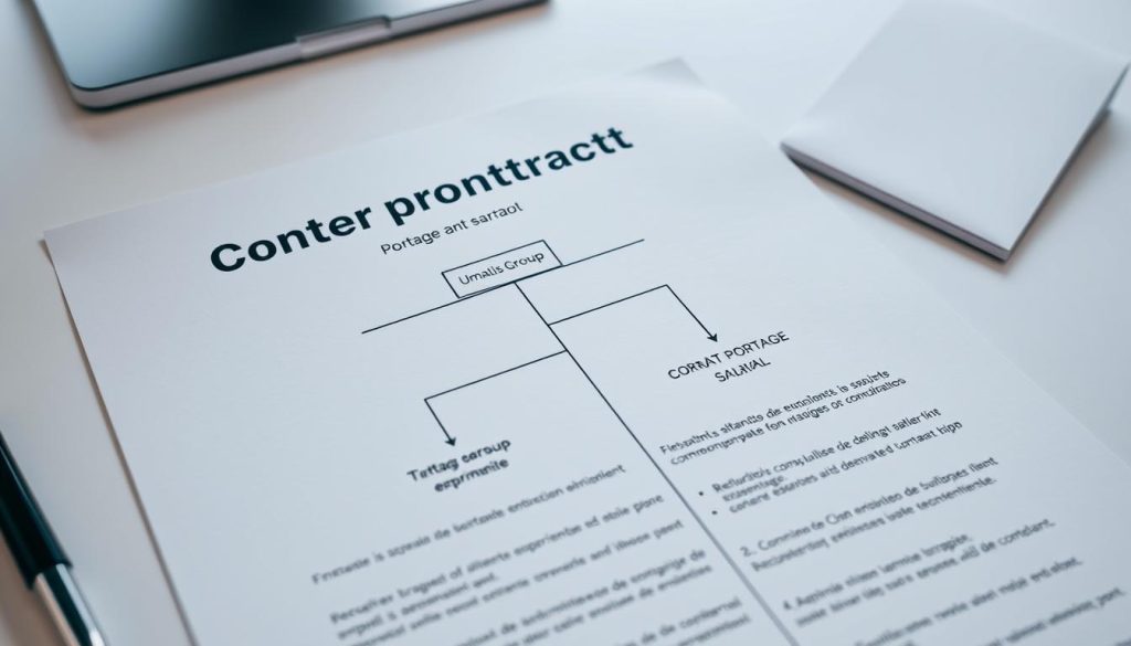 A well-lit, professional-looking contract document depicting the key elements of a "contrat portage salarial" arrangement, including the tripartite relationship between the employee, the client company, and the portage salarial firm. The contract should be displayed on a clean, minimalist desk setup, with a subtle Umalis Group logo visible in the background. The overall mood should convey a sense of trust, security, and professionalism associated with this type of employment model.