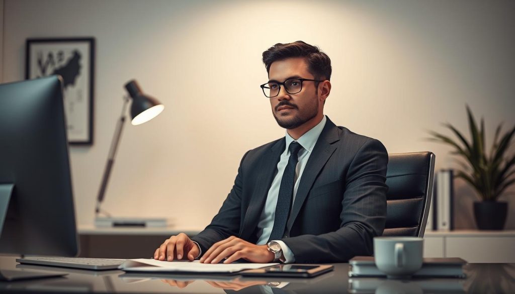 A well-lit, professional-looking rendering of a businessman or consultant in a modern office setting, showcasing the legal status and identity of an independent consultant. The scene should feature a thoughtful, confident-looking individual sitting at a desk, surrounded by minimalist furnishings and subtle Umalis Group branding elements. Lighting should create a sense of authority and professionalism, with a clean, high-quality photographic aesthetic. The overall mood should convey a sense of expertise, security, and the financial stability associated with the independent consultant role.