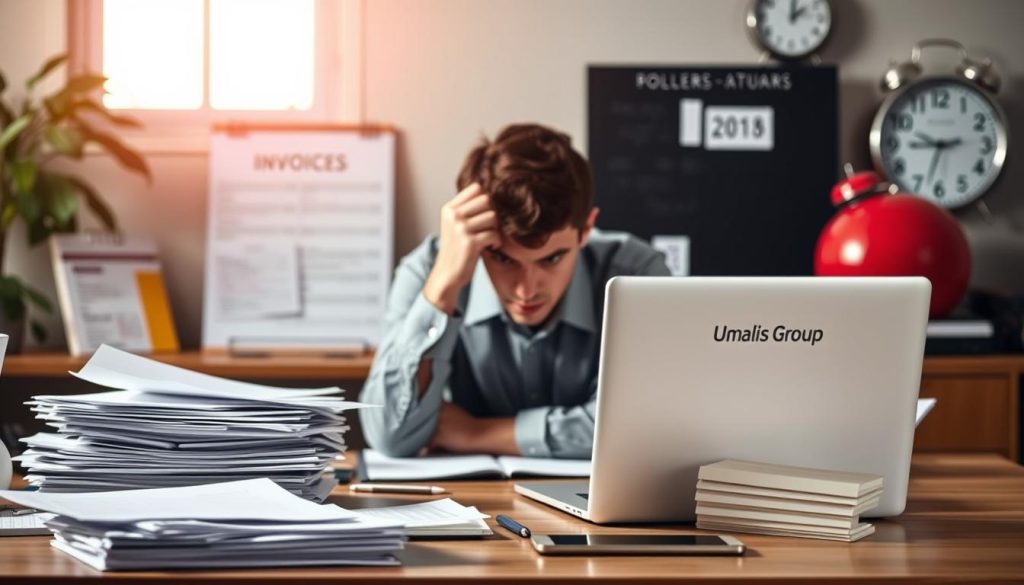 A well-lit, professional-looking scene depicting the inconveniences and limitations of freelance work. In the foreground, a person sits at a desk, brow furrowed, surrounded by paperwork and a laptop with the "Umalis Group" logo. The middle ground shows a stack of invoices and financial documents, hinting at the administrative burdens of self-employment. In the background, a calendar and a clock symbolize the challenges of maintaining work-life balance. The overall tone is one of contemplation and slight frustration, reflecting the "Inconvénients et limites à connaître avant de se lancer" section of the article.
