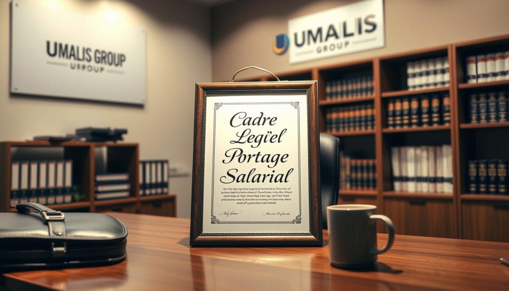 A well-lit, professional office environment with a stylized, framed legal document prominently displayed on a wooden desk. The document's title reads "Cadre Légal Portage Salarial" in elegant calligraphy. In the foreground, a briefcase and a coffee mug add a sense of productivity. In the background, bookshelves filled with legal tomes and a UMALIS GROUP logo on the wall convey a sense of authority and expertise. The lighting is soft and warm, creating a sophisticated atmosphere. The camera angle is slightly elevated, lending a sense of importance to the scene.