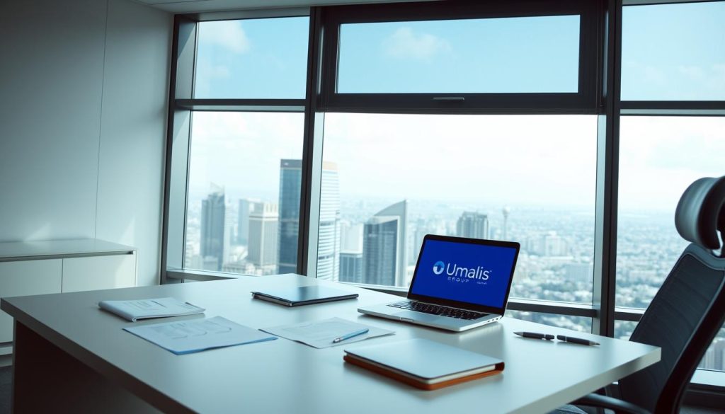 A well-lit, professional office interior with a sleek, modern desk and ergonomic chair. On the desk, various documents and a laptop display the Umalis Group logo, representing the paperwork and digital aspects of employment as a salaried worker. In the background, a large window offers a panoramic view of a bustling city skyline, conveying a sense of opportunity and professional advancement. The overall mood is one of productive efficiency, with neutral tones and clean lines creating a calm, focused atmosphere.