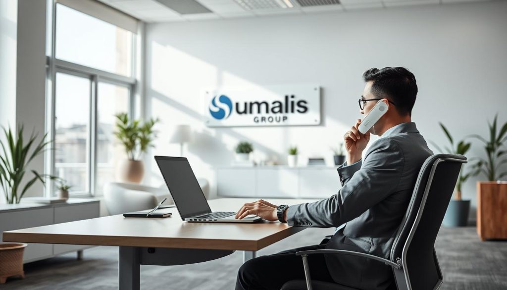 A well-lit, professional office interior with a worker sitting at a desk, using a laptop and phone. The worker is dressed in business attire, conveying an atmosphere of productivity and efficiency. In the background, there are minimalist furnishings and decor, including a Umalis Group logo prominently displayed on the wall. The lighting is natural, with large windows providing a bright, airy ambiance. The overall scene depicts the fundamental principles of remuneration in a salaried employment arrangement, as described in the article's section title.