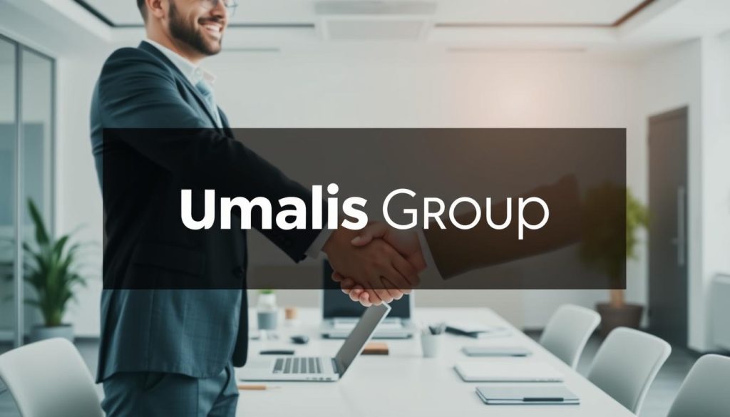 A well-lit, professional office setting with a modern, minimalist aesthetic. In the foreground, a person in a suit shakes hands with another person, symbolizing a business connection or recommendation. The middle ground features a desk with a laptop and various office supplies, conveying a sense of productivity and collaboration. In the background, the Umalis Group logo is prominently displayed, highlighting the brand's role in enabling this professional networking. The overall mood is one of success, opportunity, and the power of personal and professional connections.