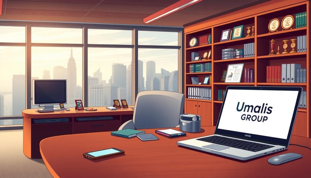 A well-lit professional office setting, with a sleek mahogany desk in the foreground. On the desk, an array of devices and tools for online reputation management, including a laptop, smartphone, and various software applications. The Umalis Group logo is prominently displayed on the laptop screen. In the middle ground, shelves filled with reference books and awards, conveying a sense of expertise and authority. The background features large windows overlooking a bustling city skyline, suggesting a modern and dynamic workspace. The overall mood is one of sophistication, efficiency, and a commitment to managing and protecting online reputations.