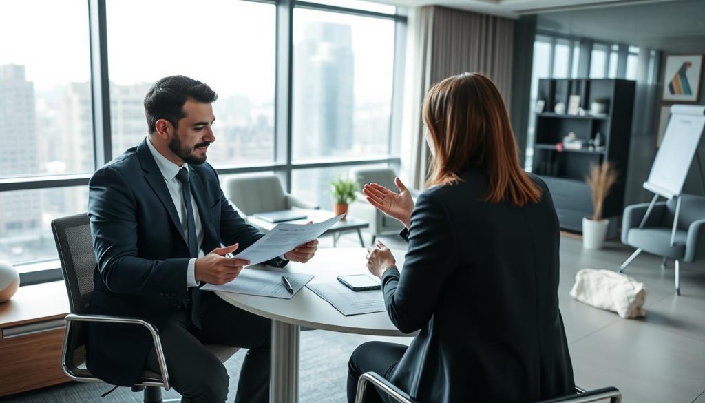 A well-lit, professional office setting with two individuals in formal attire engaged in a business discussion. In the foreground, a freelance contractor and a representative from the Umalis Group sit across a desk, reviewing paperwork and gesturing as they discuss the terms of their independent contractor relationship. The background features modern office furnishings, a large window overlooking a cityscape, and a sense of collaboration and negotiation. The overall mood is one of a formal, yet cooperative, business meeting.