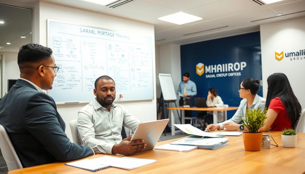 A well-lit, professional office setting. In the foreground, a Umalis Group employee sits at a desk, reviewing documents and discussing the details of salarial portage with a client. Behind them, a large whiteboard displays key information and flow charts about the salarial portage process. The middle ground features several other employees collaborating, while the background showcases the Umalis Group branding and signage, conveying a sense of expertise and authority in the field of salarial portage training and support.