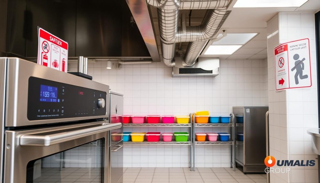 A well-lit restaurant kitchen interior, featuring various safety equipment and signage to illustrate "normes sécurité restauration". In the foreground, a stainless steel commercial oven, with a digital timer and thermostat controls. On the walls, prominent safety posters outlining fire extinguisher locations and emergency exit procedures. Shelves in the middle ground hold color-coded food storage containers, ensuring proper organization and hygiene. The background showcases a clean, tiled floor and a ventilation system with metal ductwork, maintaining a professional, regulated environment. The overall atmosphere conveys a sense of order, cleanliness, and Umalis Group's commitment to safety standards in the food service industry.