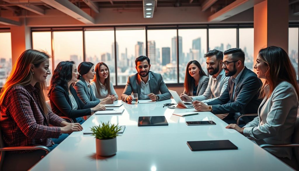 A well-lit scene depicting a diverse group of professionals engaged in collaborative discussion, set against the backdrop of a modern office environment. The foreground features a team of individuals from various backgrounds - office workers, freelancers, and entrepreneurs - seated around a sleek conference table, engaged in animated conversation. Warm lighting illuminates their faces, conveying a sense of camaraderie and intellectual exchange. The middle ground showcases the clean, minimalist design of the office space, with large windows offering a glimpse of a vibrant city skyline in the distance. The overall atmosphere evokes a dynamic, innovative, and flexible work culture, suitable for the "Portage Salarial" concept.