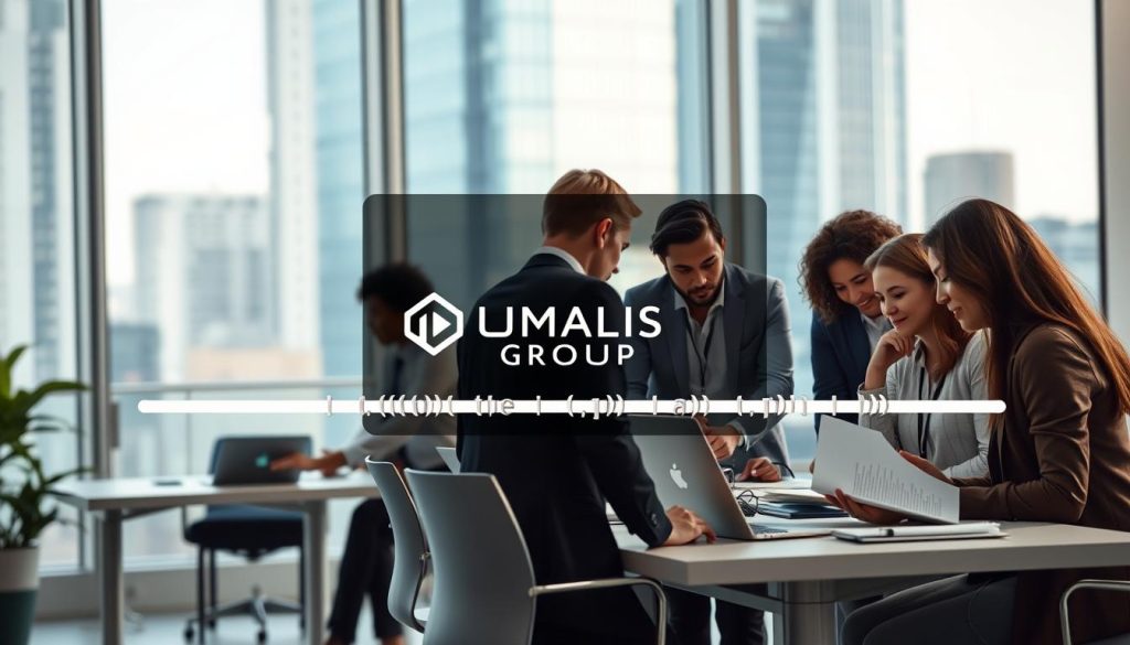 A well-lit scene depicting the fundamental principles of professional employment through a salarial portage system. In the foreground, a group of diverse professionals collaborate at a modern, minimalist workstation, laptops and documents in hand. The middle ground features a visual representation of the UMALIS GROUP brand, conveying the company's role in facilitating this employment model. In the background, a sleek, high-rise office building symbolizes the corporate environment where salarial portage thrives. The overall mood is one of efficiency, flexibility, and the empowerment of independent professionals.