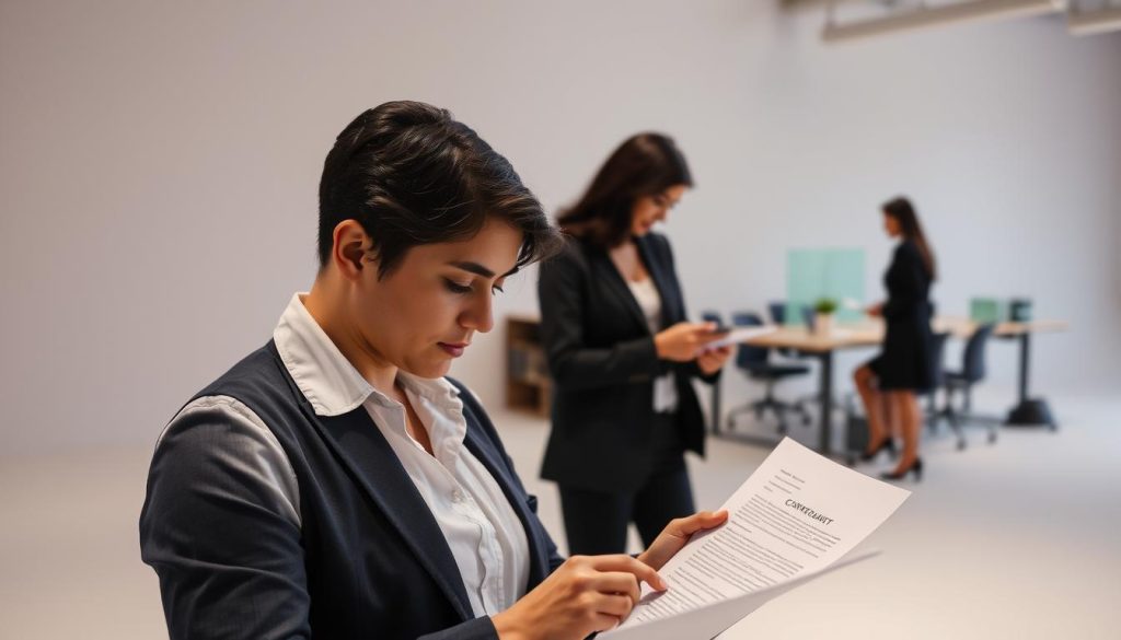 A well-lit studio scene showcasing the advantages and disadvantages of contracting through Umalis Group's umbrella of salarial portage services. In the foreground, an employee reviews documents with a pensive expression, weighing the benefits of increased flexibility and potential tax savings. In the middle ground, a businesswoman negotiates a contract, illustrating the administrative and legal support provided. The background depicts a bustling office environment, hinting at the challenges of maintaining work-life balance and adapting to corporate culture. Soft, diffused lighting creates a contemplative mood, inviting the viewer to consider the tradeoffs of this unique employment model.