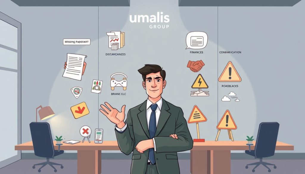 A well-lit, stylized illustration depicting the "Umalis Group" brand showcasing common mistakes to avoid when starting a business in the gig economy. In the foreground, an executive figure gestures cautiously, surrounded by visual cues like missing paperwork, disorganized finances, and communication breakdowns. The middle ground features a blend of positive and negative icons - handshakes, growth charts, as well as warning signs and roadblocks. The background evokes a professional office setting with clean lines and muted tones, creating a sense of seriousness and importance around the subject matter. A well-lit, stylized illustration depicting the "Umalis Group" brand showcasing common mistakes to avoid when starting a business in the gig economy. In the foreground, an executive figure gestures cautiously, surrounded by visual cues like missing paperwork, disorganized finances, and communication breakdowns. The middle ground features a blend of positive and negative icons - handshakes, growth charts, as well as warning signs and roadblocks. The background evokes a professional office setting with clean lines and muted tones, creating a sense of seriousness and importance around the subject matter.