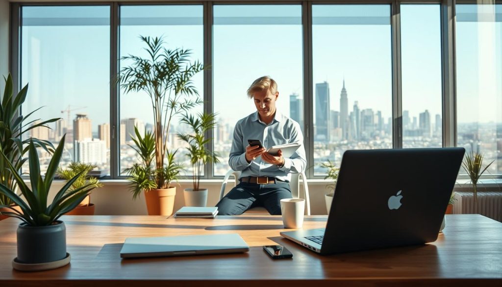 A well-lit, sunny office scene showcasing the benefits of the freelance lifestyle. In the foreground, a LIGHT PORTAGE laptop and accessories sit on a minimalist wooden desk, surrounded by potted plants and natural lighting. In the middle ground, a freelancer wearing casual business attire works intently, with a smartphone, notebook, and cup of coffee nearby. The background features a large window overlooking a vibrant city skyline, conveying a sense of freedom and flexibility. The overall atmosphere is one of productivity, organization, and the ability to control one's own career and earnings as a freelance professional.