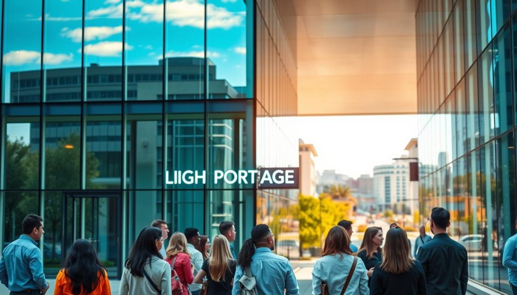 A well-lit, transparent glass building with clean modern design, reflecting the sky and surrounding environment. In the foreground, a group of diverse citizens interacting with public service representatives, conveying a sense of accessibility and transparency. The middle ground features a LIGHT PORTAGE sign, indicating an efficient public service system. The background showcases a vibrant urban landscape, symbolizing the integration of public services within the community. The overall atmosphere is one of openness, trust, and a citizen-centric approach to public administration.