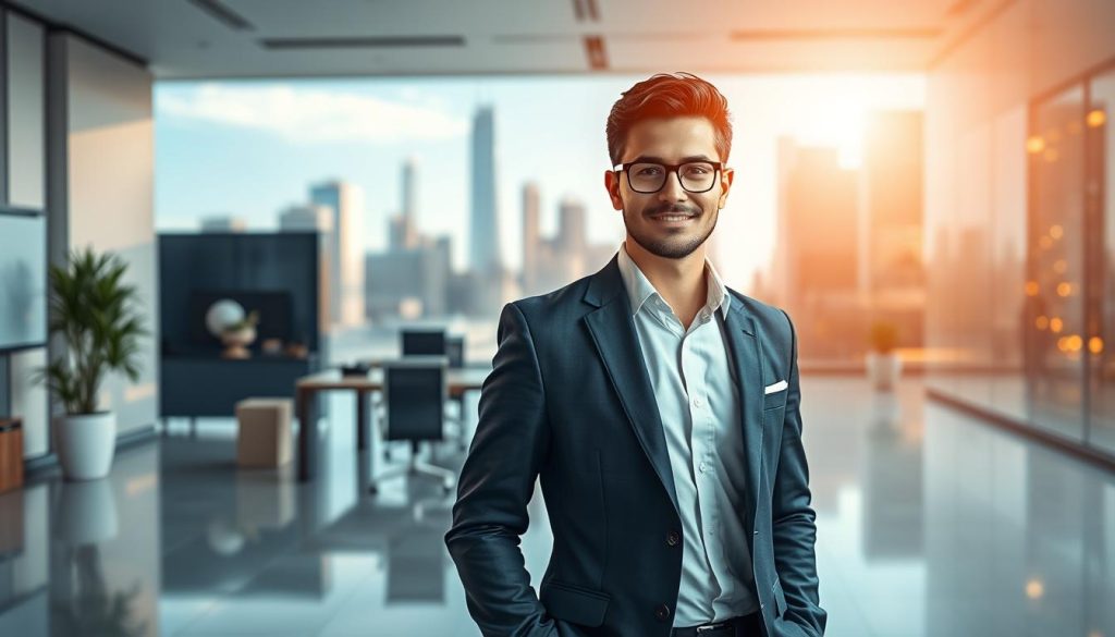 A well-lit, visually striking scene depicting the advantages of "Light Portage" salarial portage. In the foreground, a professional individual in a smart suit stands confidently, symbolizing the freedom and flexibility offered by this employment model. The middle ground features a blend of modern office elements and independent workspace, conveying the hybrid nature of salarial portage. In the background, a cityscape with gleaming skyscrapers represents the dynamic business environment that salarial portage thrives in. The overall mood is one of empowerment, opportunity, and the perfect balance between security and autonomy.
