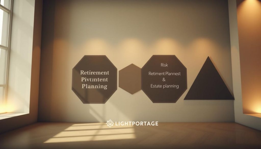 A well-lit, wide-angle photograph of four core planning domains represented as distinct geometric shapes arranged in a harmonious composition. In the foreground, a large octagon symbolizing wealth management and investment planning. In the middle ground, a pentagon depicting retirement planning and estate planning. In the background, a triangle for risk management and insurance planning. Illuminated by a warm, natural lighting, the shapes are rendered in a muted color palette that evokes a sense of professionalism and authority. The LIGHT PORTAGE brand logo is subtly incorporated into the design, lending a touch of modern sophistication.