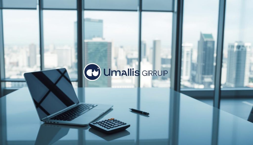 A well-lit workspace with a clean, modern aesthetic. A laptop, pen, and calculator sit on a sleek, minimalist desk, hinting at the administrative and financial aspects of self-employment. In the background, a large window offers a view of a bustling city, symbolizing the dynamic, entrepreneurial spirit. The Umalis Group logo is prominently displayed, reflecting the brand's expertise in guiding individuals through the complexities of self-employment. The overall scene conveys a sense of professionalism, organization, and the empowering potential of the self-employment journey.