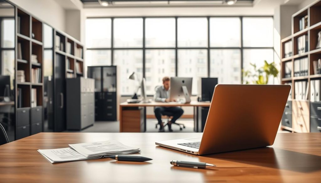 A well-organized administrative process of the Umalis Group's salarial portage system. In the foreground, a professional-looking desk with a laptop, papers, and a pen neatly arranged. In the middle ground, a person diligently working on the computer, surrounded by filing cabinets and bookshelves. The background features a modern, minimalist office setting with large windows allowing natural light to flow in, creating a calm and efficient atmosphere. The lighting is soft and diffused, complementing the clean, streamlined design of the space. The overall scene conveys a sense of professionalism, organization, and attention to detail in the administrative management of the salarial portage process.