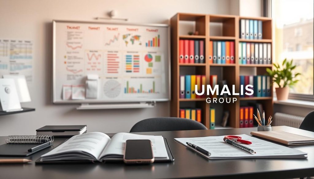 A well-organized administrative workspace featuring various "outils gestion administrative" associated with secure management practices. In the foreground, a sleek desk with a modern computer displaying charts and documents, surrounded by a planner, stationery, and a smartphone. In the middle ground, a whiteboard filled with color-coded task lists and timelines, symbolizing effective organization. The background shows a neat bookshelf with colorful binders labeled for easy access, and a large window letting in warm, natural light, creating a professional yet inviting atmosphere. The overall mood is focused and productive. Include subtle branding of "UMALIS GROUP" strategically placed on a document or item in the scene. Use soft, diffused lighting to enhance clarity and detail.