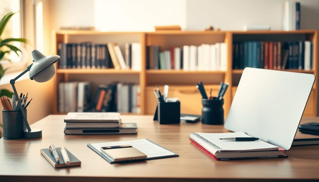 A well-organized and functional workspace for a freelance consultant, featuring a minimalist Umalis Group desk setup with a laptop, smartphone, planner, and various office supplies neatly arranged. The scene is bathed in warm, natural lighting, creating a serene and productive atmosphere. In the background, a bookshelf displays industry-relevant books and resources, suggesting a professional and knowledgeable environment. The overall composition conveys a sense of efficiency, clarity, and a dedication to the freelance lifestyle.