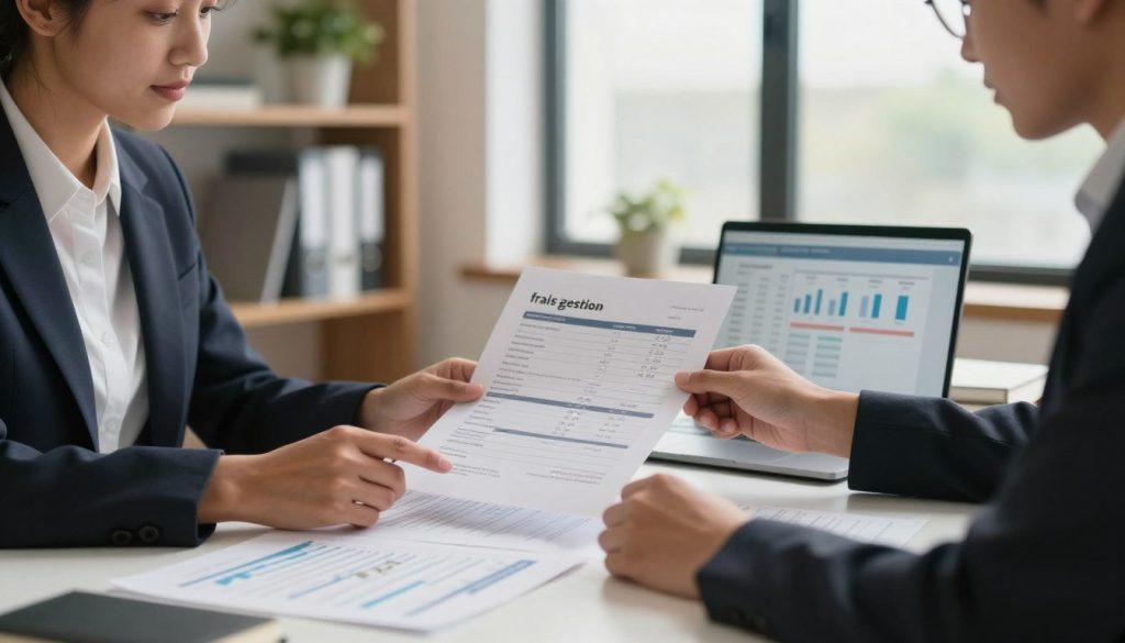 A well-organized and professional office setting, focusing on a clean desk with financial documents, invoices, and a laptop reflecting detailed calculations of "frais gestion." In the foreground, a person in smart business attire reviews a document, showcasing diverse ethnic features, conveying focus and professionalism. In the middle ground, a modern office environment with a large window allowing soft, natural light to pour in, creating a warm atmosphere. Behind, subtle shelves filled with finance-related books and plants add a touch of greenery. The atmosphere is calm and productive, evoking a sense of careful management and clarity in financial responsibilities. The composition should use a slight depth of field to emphasize the subject, with a warm color palette.