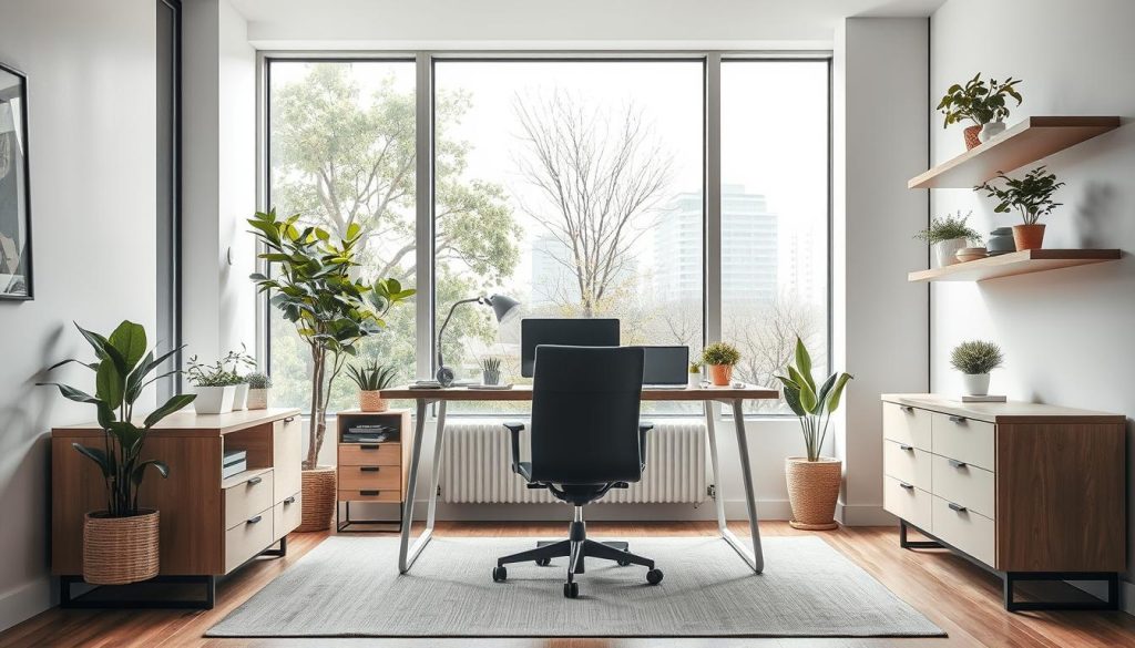 A well-organized and thoughtfully designed workspace, flooded with natural light from large windows. Sleek, modern furniture in neutral tones - a minimalist desk, ergonomic chair, and floating shelves displaying plants and a few carefully curated decor pieces. The scene is captured from a slightly elevated angle, giving a sense of order and focus. Soft, diffused lighting creates a calm, productive atmosphere, while the large window in the background offers a glimpse of a tree-lined urban vista, hinting at a connection to the outside world. An inspiring, distraction-free environment primed for deep work and increased productivity.
