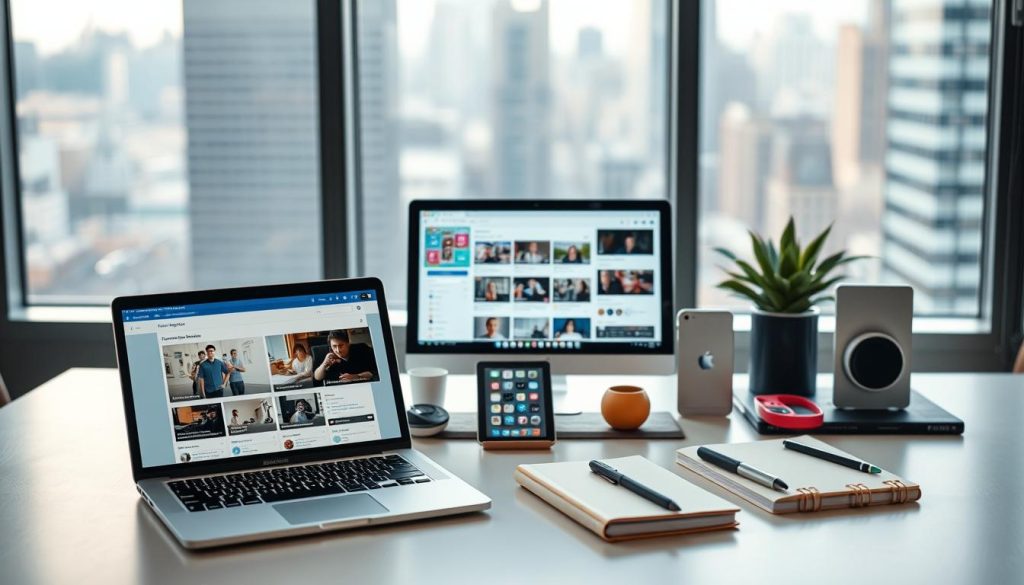 A well-organized and visually appealing workspace showcasing a variety of freelance community management tools and platforms. In the foreground, a sleek laptop displays a social media dashboard, with various productivity apps and communication tools arranged neatly around it. In the middle ground, a stylish desk features a tablet, smartphone, and a "Light Portage" notebook, all positioned to suggest a collaborative and efficient workflow. The background is softly lit, with a blurred cityscape visible through a large window, conveying a sense of urban sophistication. The overall mood is one of professionalism, productivity, and a well-curated digital ecosystem for effective freelance community engagement.