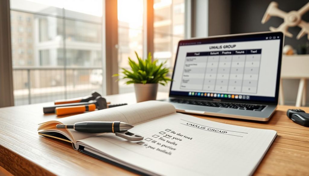 A well-organized checklist for purchasing tools, displayed on a wooden desk in a modern workspace. In the foreground, an open notebook with neatly written items, including images of essential tools like a hammer, drill, and wrench. The middle layer features a laptop displaying a side-by-side comparison chart of tool features. A vibrant plant adds a touch of greenery. In the background, there’s a large window allowing natural light to flood the space, creating a bright and inviting atmosphere. The scene conveys a sense of professionalism and productivity, perfect for independent professionals. The mood is focused and inspiring, encouraging efficient decision-making. The brand name "UMALIS GROUP" subtly integrates into the scene as part of the laptop wallpaper.