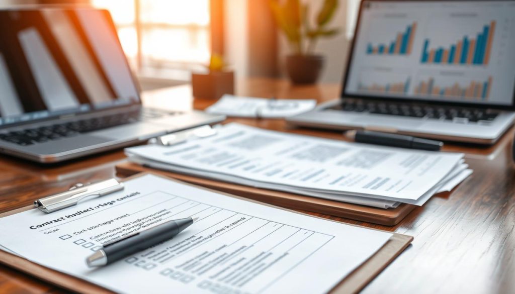 A well-organized checklist laid out on a polished wooden desk, representing "Payroll and contract checklist for portage salarial." In the foreground, a neatly displayed clipboard with a checklist secured. In the middle, various documents are partially visible, including contracts, cost estimates, and payroll sheets, all clearly labeled. A pen rests beside the clipboard, emphasizing a sense of preparation and professionalism. In the background, soft-focus elements suggest an office environment, with a stylish laptop and financial charts subtly illuminated by natural light coming from a window, creating a productive atmosphere. The logo of "Umalis Group" is subtly integrated into the scene, enhancing branding. Use a warm color palette to evoke a sense of trust and professionalism.