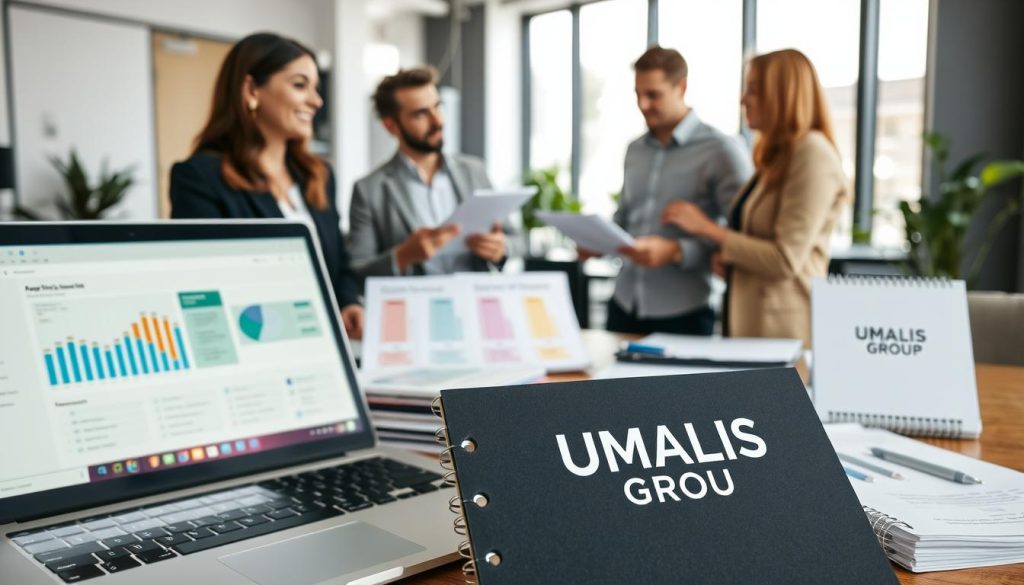 A well-organized desk scene showing various types of freelance insurance documents and materials, highlighted in the foreground. Include a laptop displaying a financial software interface, a few notebooks, and colorful charts outlining different types of professional insurance available for freelancers in France. In the middle ground, display a diverse group of three professionals (a woman in smart business attire, a man in casual but neat clothing, and a person of non-binary identity) engaged in a discussion about insurance solutions, exchanging ideas enthusiastically. The background should depict a modern office environment with bright natural lighting, emphasizing a productive atmosphere. The overall mood is collaborative and supportive, with a hint of optimism about securing the right professional insurance solutions. Include branding subtly as "UMALIS GROUP" on one of the notebooks.