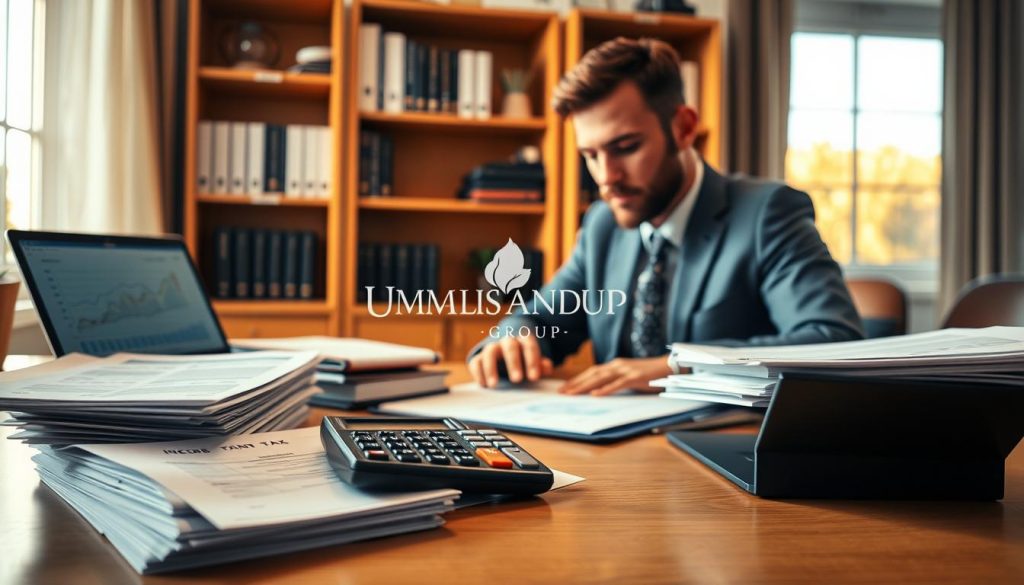 A well-organized desk setup for a successful income tax declaration, featuring a neat stack of tax forms and a calculator in the foreground. A professional individual in smart casual attire, focused on preparing their declaration, sits at the desk. In the middle ground, there are folders labeled with financial topics, and a laptop displaying financial graphs. The background includes a tasteful bookshelf filled with books on finance and tax management, softly illuminated by warm, natural light filtering through a window, creating an inviting atmosphere. The image conveys a sense of clarity and professionalism, reflecting the theme of financial organization and preparedness. The logo "UMALIS GROUP" subtly appears on one of the documents, enhancing the professional tone.