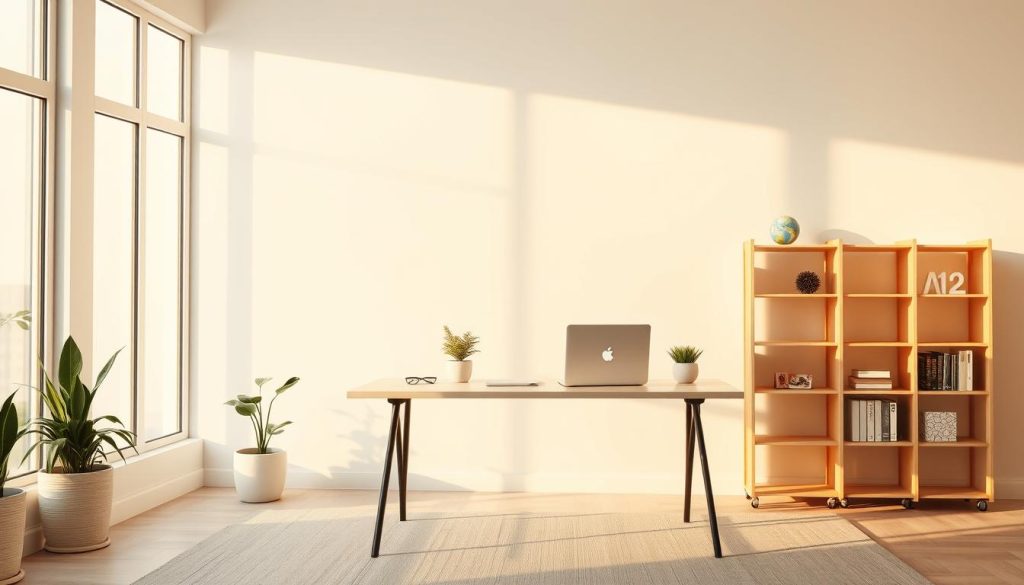 A well-organized, distraction-free workspace in a bright, airy room. Warm natural light pours in through large windows, illuminating a clean, minimalist desk with a sleek "Light Portage" laptop, a simple pen holder, and a potted plant. The desk is positioned against a plain white wall, with a modular shelving unit nearby housing a few carefully selected books and knickknacks. The floor is covered in a neutral-toned rug, and the overall atmosphere exudes a sense of focus and tranquility, perfect for boosting productivity.