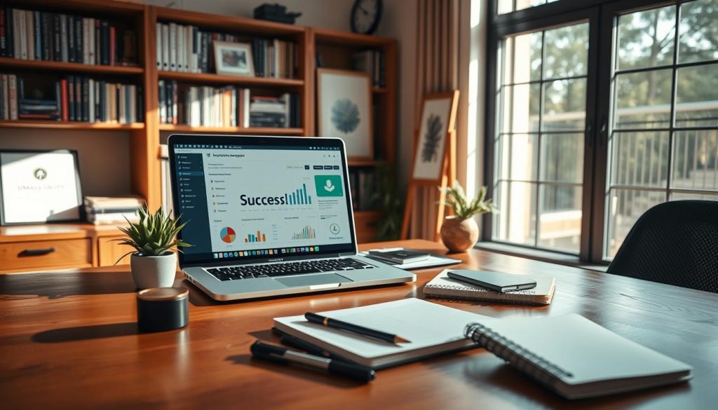 A well-organized freelance workspace featuring a polished wooden desk with a laptop open, displaying a successful project management dashboard. In the foreground, a neatly arranged mise en place with various stationery items like pens, notepads, and a planner, symbolizing organization and preparedness. A small plant adds a touch of greenery. In the middle ground, sunlight streams through a large window, casting soft shadows and creating a warm, inviting atmosphere. The background shows a bookshelf filled with tech-related books and a framed certificate of achievement. A subtle hint of the UMALIS GROUP logo is integrated into the design of a notebook. The mood is professional, focused, and inspiring, perfect for highlighting success in freelance projects.