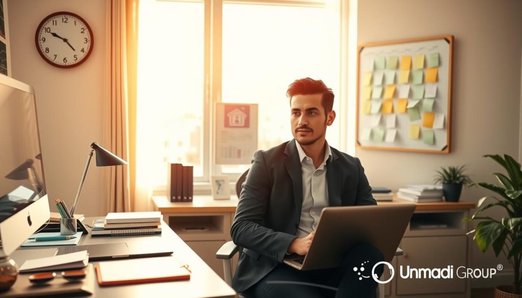 A well-organized home office scene illustrating "time management for remote work." In the foreground, a professional individual in smart casual attire sits at a sleek desk filled with a planner, a laptop, and productivity tools. The middle area features a large wall clock and a calendar on a pinboard with neatly arranged sticky notes prioritizing tasks. In the background, a window allows warm, natural light to flood in, creating a bright and inviting atmosphere. Soft shadows and a focus on the individual's expression show concentration and determination. The overall mood is one of productivity and balance, resonating with the theme of prioritizing work-life balance. Include subtle branding elements of "Umalis Group" in the decor.