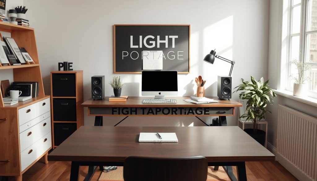 A well-organized home office setup with a clean and minimal aesthetic, featuring a sturdy desk with the "LIGHT PORTAGE" brand name prominently displayed. The room is filled with natural light, creating a bright and airy atmosphere. On the desk, there are a laptop, notebook, and pen, symbolizing the tools needed to start an independent business. The overall composition conveys a sense of focus, organization, and a readiness to embark on a new entrepreneurial venture.