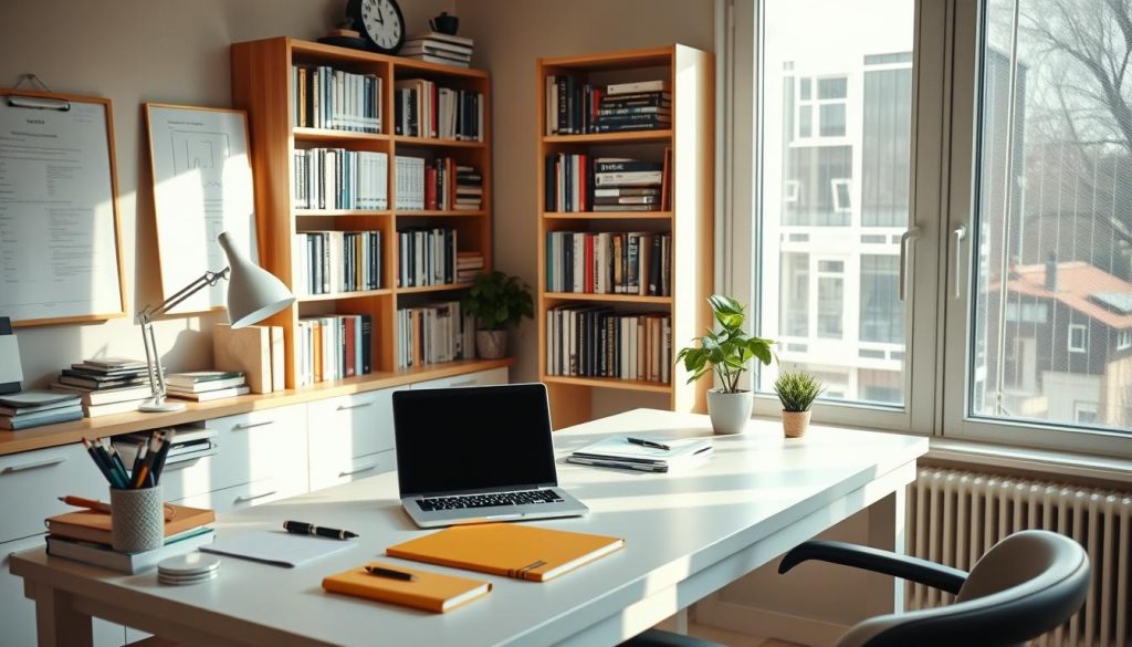 A well-organized home office with a neat and tidy desk, a laptop, and various office supplies. The desk is illuminated by soft, natural lighting filtering in through a large window, creating a calm and productive atmosphere. In the background, bookshelves filled with relevant business and finance books provide a sense of expertise and knowledge. The overall scene conveys the professionalism and financial acumen of an independent worker effectively managing their income.