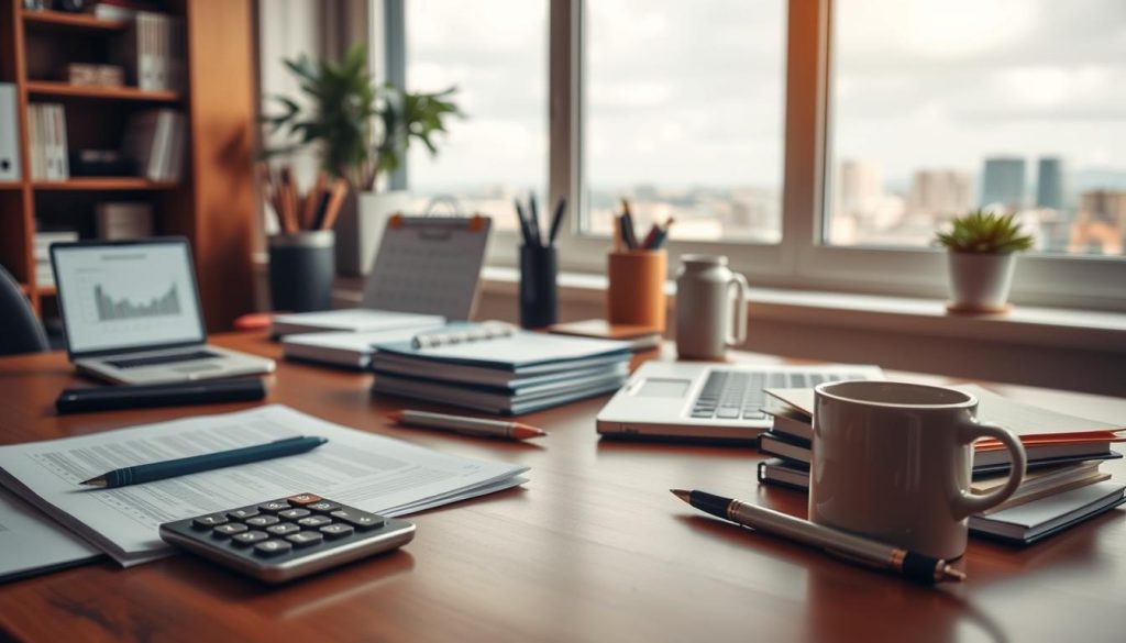 A well-organized home office with a wooden desk, a laptop, and various office supplies neatly arranged. Soft, warm lighting illuminates the scene, creating a cozy and professional atmosphere. In the foreground, a calculator, a pen, and a stack of documents symbolize the financial and administrative aspects of freelance work. In the middle ground, a calendar and a coffee mug suggest the importance of time management and work-life balance. The background features a large window overlooking a cityscape, hinting at the freedom and flexibility of the freelance lifestyle. The overall composition conveys a sense of productivity, organization, and the careful consideration of freelance service rates and income management.