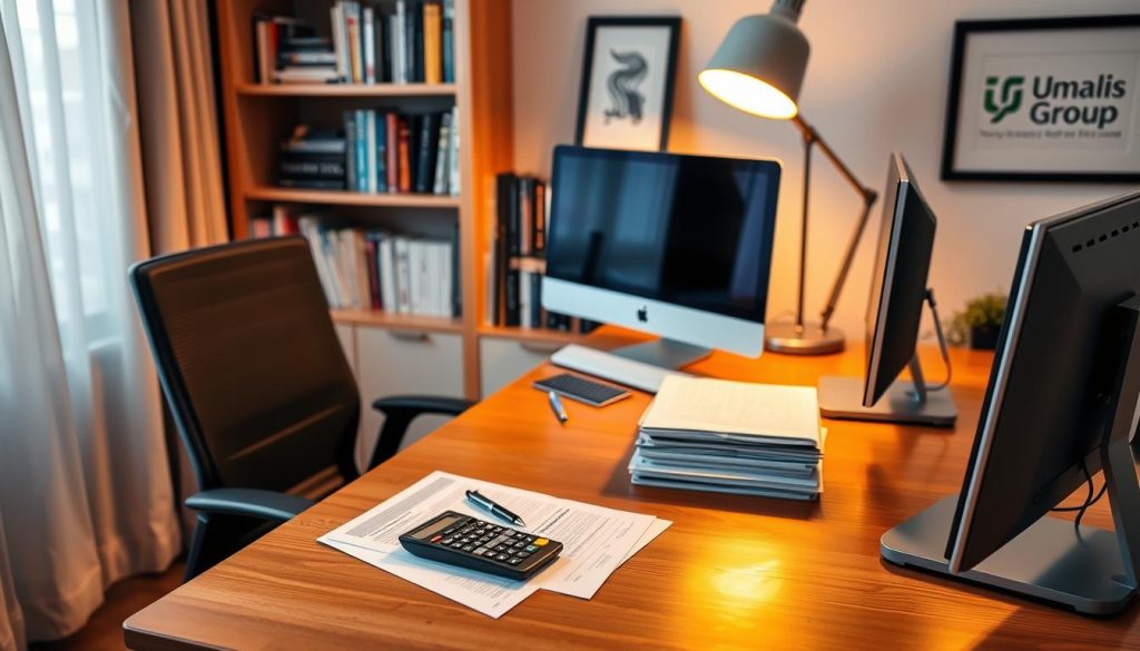 A well-organized home office with a wooden desk, ergonomic chair, and modern desktop computer. On the desk, neatly stacked documents, a pen, and a calculator, symbolizing the preparation for tax declarations. Warm, diffused lighting from a floor lamp creates a focused, professional atmosphere. In the background, a bookshelf filled with tax-related resources and a framed Umalis Group logo, hinting at the article's subject matter. The scene conveys a sense of diligence and attention to detail in managing one's personal tax situation.